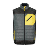 Front view of the Hikox Hiking Outdoor Extreme Vest featuring a black coil zipper with thumb puller, curved chest zipper, and two lower side pockets with yellow coil zippers.