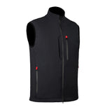 Front view of the Thorvo Softshell Black Waistcoat featuring waterproof zippers, Lycra piping on armholes, and a polar fleece lining.