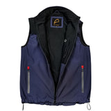 Close-up of the Thorvo Waistcoat's waterproof black coil zippers with thumb pullers for chest and waist pocket closures.