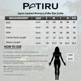 Size chart for the Japan Flower Men's Puffer Jacket, showing measurements for sizes S to 2XL.