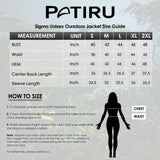 Size chart for the Mountain Sigma Outdoor Textile Jacket, with measurements for sizes S to 2XL.