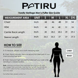 Size chart for the Varsity Heritage Textile Jacket for Men, displaying measurements for sizes Small (S) to 2XL. Includes dimensions for chest width, body length, and sleeve length to help customers select the right fit.