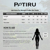 Size chart for the Patiru Women’s Let’s Have Fun Crop Puffer Vest, displaying measurements for chest, waist, shoulder, sleeve length, and jacket length across sizes S, M, L, XL, and 2XL.