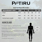 Size chart for the men’s dual vest displaying chest, waist, and length measurements for sizes M to 3XL.
