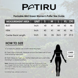 Size chart for the Green Mint Packable Textile Puffer for Women, displaying chest, waist, and length measurements from S to 2XL.