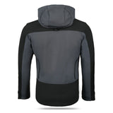 Back view of the Mountain Sigma Outdoor Textile Jacket for Men, highlighting the three-panel design, adjustable elastic string at the waist, and waterproof zippers for ventilation.