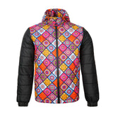 Front view of the Culture Mens Textile Jacket for Canada, featuring truck art printed polyester bubble fabric, removable hood, and waterproof zipper closure.