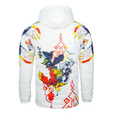 Back view of the African Inspired Puffer Jacket for Men, highlighting the large back panel and removable hood designed to sit in a balanced position when dropped.