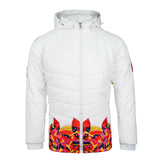 Front view of the African Inspired Puffer Jacket for Men, featuring vibrant African cultural art prints on the body and sleeves, with a detachable hood and shiny silver Vislon zipper.