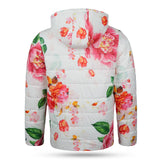 Back view of the Japan Flower Men’s Puffer Jacket showcasing the large back panel and detachable hood, designed for balanced styling when dropped.