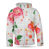 Front view of the Japan Flower Men’s Puffer Jacket, featuring Japanese flower art print on the body and sleeves, with a detachable hood and shiny silver zippers.