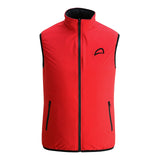 Dual-sided men’s vest in red with waterproof zippers and 3D chest embroidery, made with micro twill TPU coating.