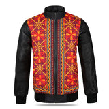 Front view of the Varsity Heritage Textile Jacket for Men, featuring a fabric body with black sheep leather sleeves, a waterproof zipper closure, and red horizontal seam detailing.