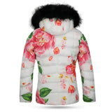 Back view of the Japan Flower Men's Puffer Jacket, showcasing the single large back panel, removable hood, and adjustable hood string with plastic drum stoppers.