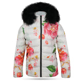 Front view of the Japan Flower Men's Puffer Jacket with Japanese flower art printed on the body and sleeves. Features a removable hood, shiny silver Vislon zipper, and polyester rib cuffs for temperature control.