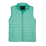 Front view of the Green Mint Packable Textile Puffer for Women, featuring water-resistant polyester bubble material and a shiny silver zipper.