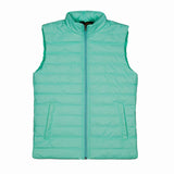 Front view of the Green Mint Packable Textile Puffer for Women, featuring water-resistant polyester bubble material and a shiny silver zipper.