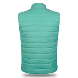 Back view of the Green Mint Packable Textile Puffer for Women showcasing a single large back panel with vertical seam stitching.