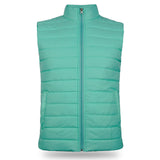 Front view of the Green Mint Packable Textile Puffer for Women, featuring water-resistant polyester bubble material and a shiny silver zipper.