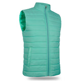 Front view of the Green Mint Packable Textile Puffer for Women, featuring water-resistant polyester bubble material and a shiny silver zipper.