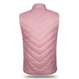 Back view of the Pink Packable Textile Puffer for Women showcasing a single large back panel with horizontal V-shaped seams.