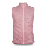 Front view of the Pink Packable Textile Puffer for Women, featuring a water-resistant nylon bubble material in pink and a white Vislon zipper with DA puller.
