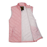 Close-up of the fabric hanger loop stitched between the collar seam for convenient hanging of the Pink Packable Puffer.