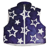 Front view of the Ladies Starlight Textile Cropped Vest, showcasing the star prints on the front, water-resistant polyester outer material, and sleek design.