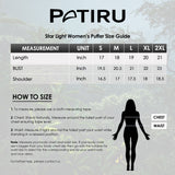 Size chart for the Ladies Starlight Textile Cropped Vest, displaying measurements for small, medium, and large sizes, including chest, waist, and length dimensions, to help customers choose the correct fit.