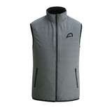 Dual-sided grey men’s vest featuring a lightweight design, waterproof zippers, and lycra piping for insulation.