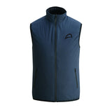 Navy blue dual vest for men with reversible wearability, waterproof zippers, and bubble nylon liner.