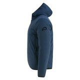 Side view of the Flip Warm Jacket featuring a waterproof YKK zipper closure, two waist pockets with waterproof zippers, and Lycra piping on the cuffs and bottom for heat retention.